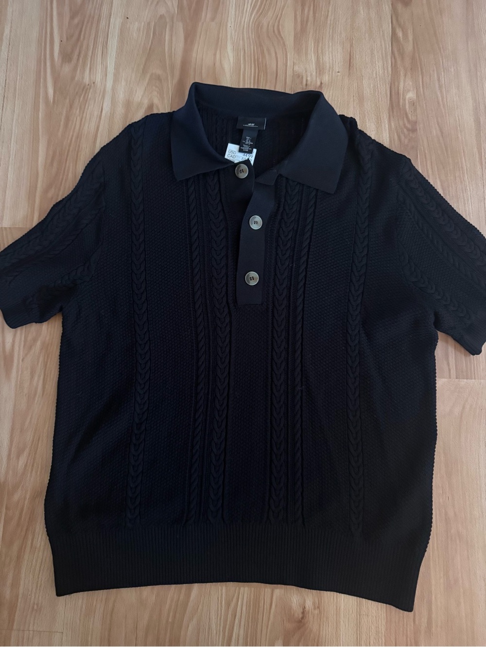 H&M Black Short-Sleeve Cable Knit Polo
